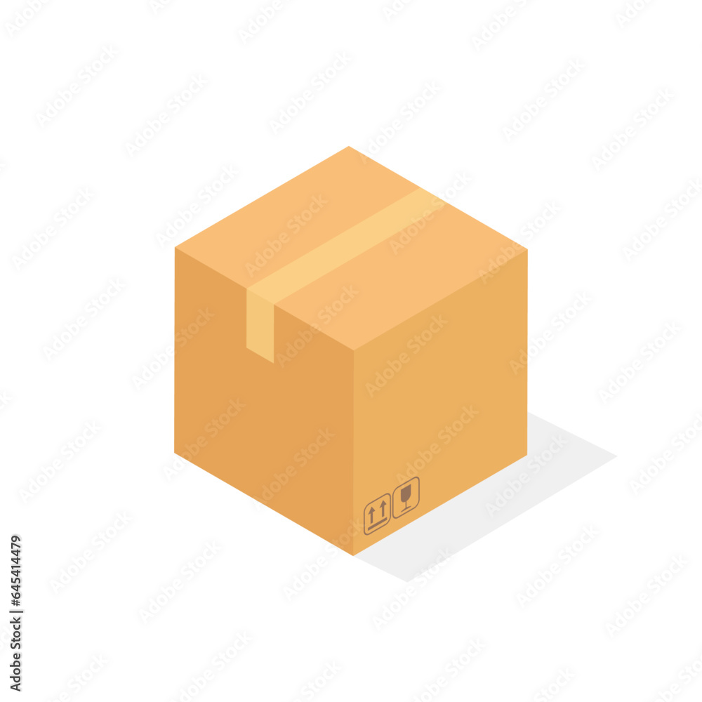 Cardboard closed box with fragile signs. Isometric view side. Vector illustration template or mock up isolated on white background. Cardboard closed box with fragile signs. Isometric view side. Vector illustration template or mock up isolated on white background.