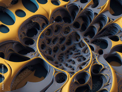 A mesmerizing  dynamic pattern of abstract shapes  rendered in 3D and fractal complexity.