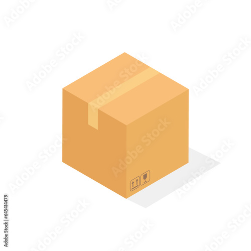 Cardboard closed box with fragile signs. Isometric view side. Vector illustration template or mock up isolated on white background.
