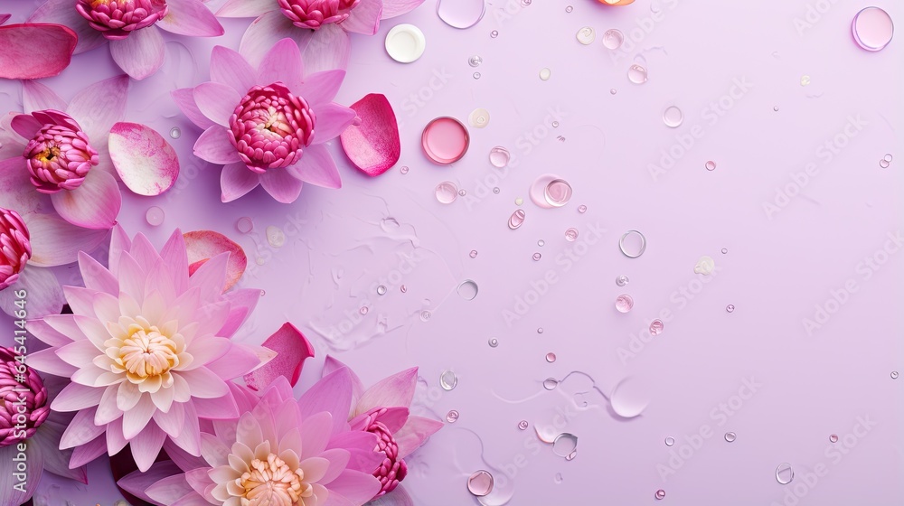  pink flowers with water drops on a purple background with a white border.  generative ai