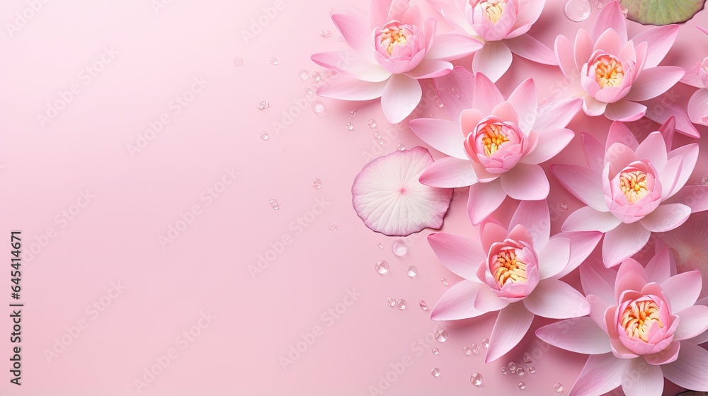  pink flowers with water drops on them on a pink background.  generative ai