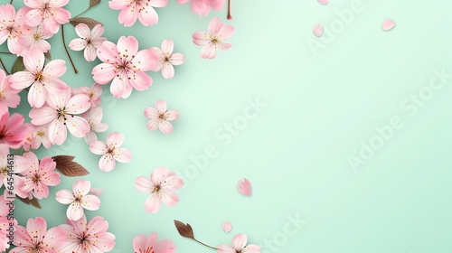  pink flowers on a light green background with a place for text. generative ai
