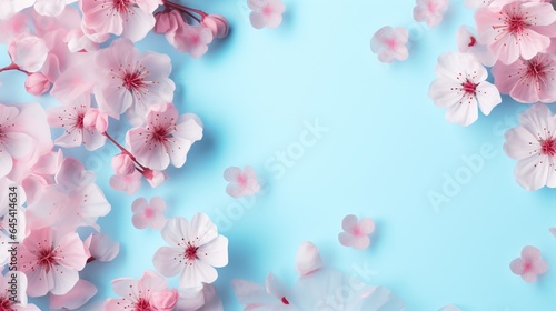  pink flowers on a blue background with a place for text. generative ai