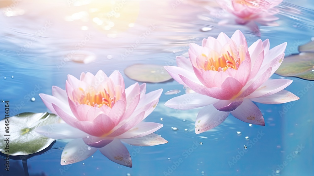  three pink water lilies floating on top of a lake.  generative ai - obrazy, fototapety, plakaty 