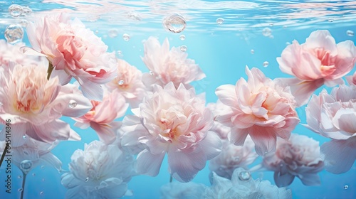  a group of pink flowers floating in the water with bubbles. generative ai
