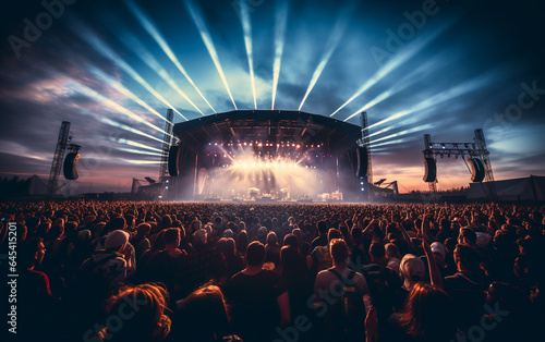 A music festival with an illuminated stage and a crowd of spectators