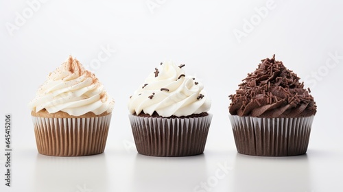  three cupcakes with frosting and sprinkles on them. generative ai