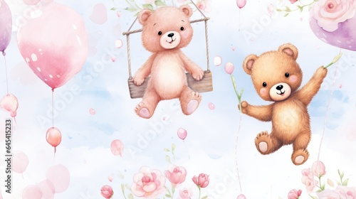  a couple of teddy bears hanging from a swing with balloons. generative ai