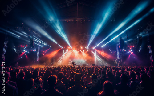 A music festival with an illuminated stage and a crowd of spectators