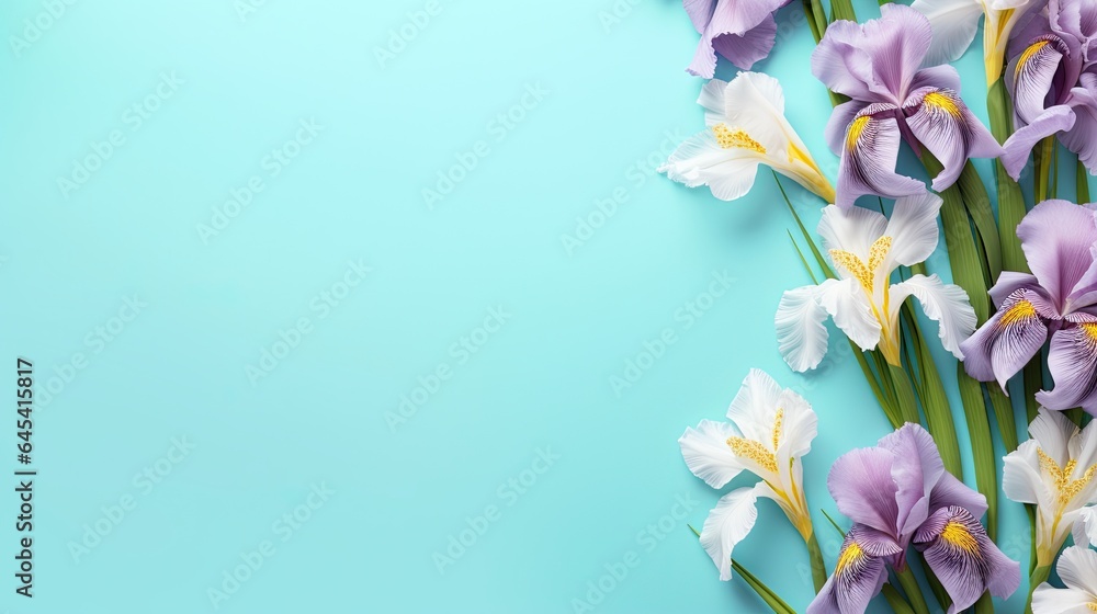  a bunch of purple and white flowers on a blue background.  generative ai