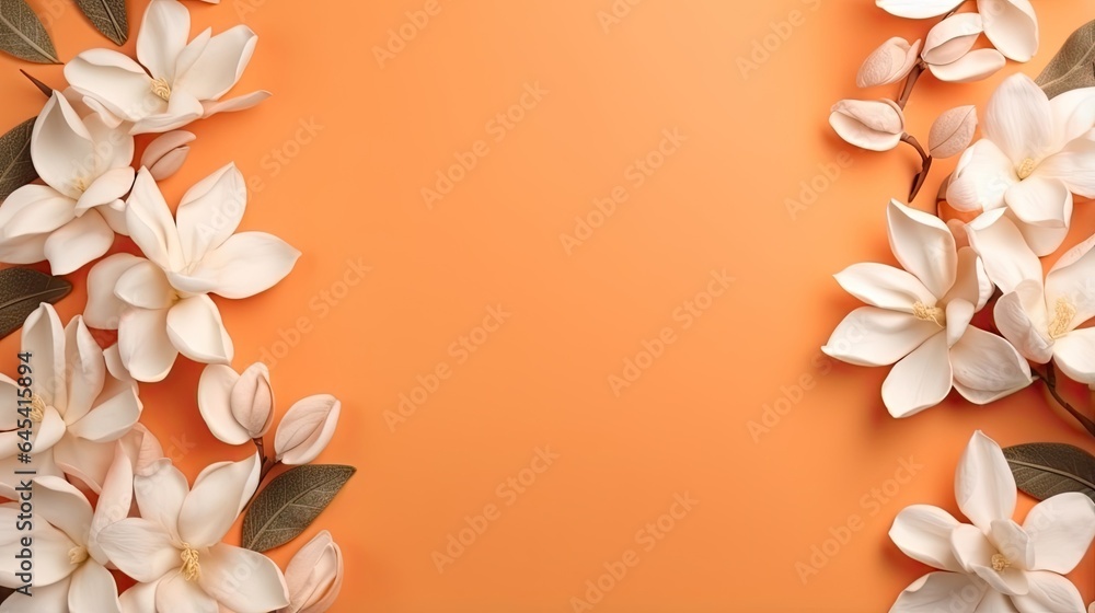 white flowers on an orange background with a place for text. generative ai white flowers on an orange background with a place for text. generative ai