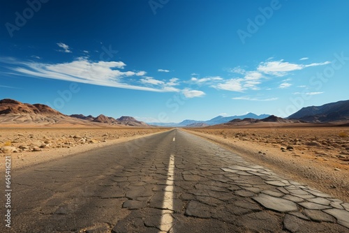 Desert Road  A long  empty road stretching to the horizon in a desert landscape