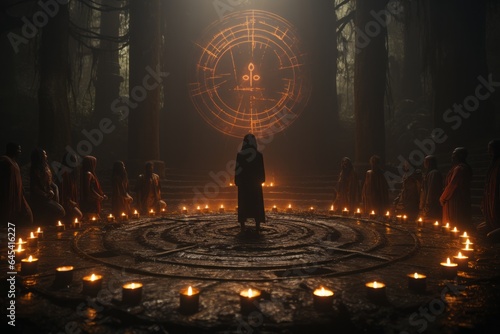 Candlelit Ritual: A mysterious, atmospheric shot of figures around a candlelit circle