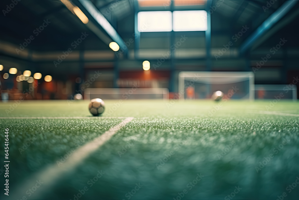 Soccer Ball on an indoor sport stadium with goal and empty field. - obrazy, fototapety, plakaty 