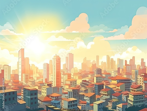 densed city skyline building with sunset for cartoon and game background and backdrop