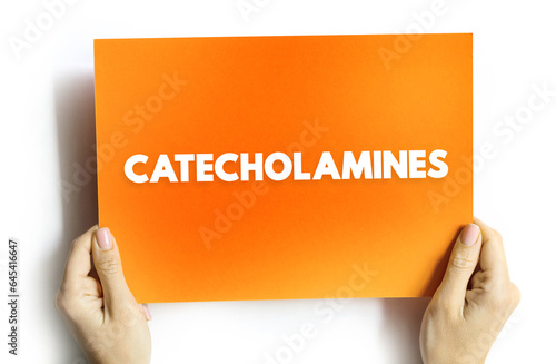 Catecholamines is a monoamine neurotransmitter, an organic compound that has a catechol and a side-chain amine, text concept on card photo