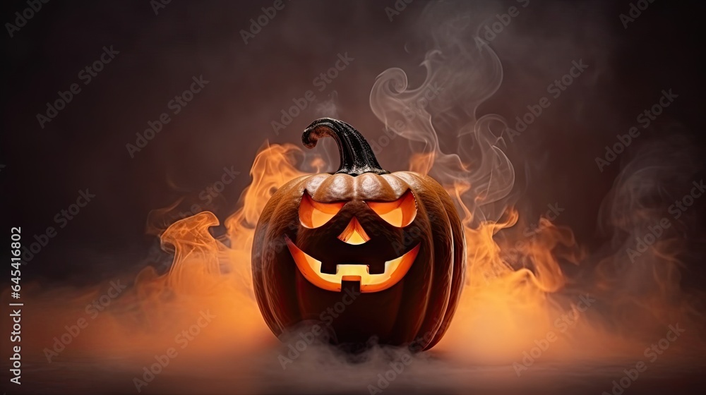  a halloween pumpkin with smoke coming out of it on a black background.  generative ai - obrazy, fototapety, plakaty 