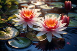 lotus flowers on water, lily on lake ,water reflection , trees in forest  ,wild lotus on sunset  sky on sea