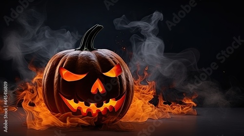  a pumpkin with glowing eyes on a black background with smoke. generative ai