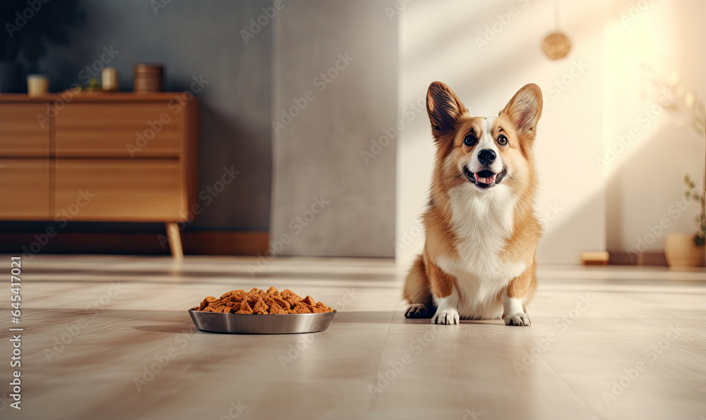 Corgi dog eagerly awaits meal beside a food bowl.