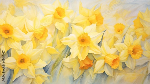  a painting of yellow daffodils on a white background.  generative ai