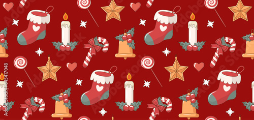  Groovy Hippie Retro Merry Christmas festive seamless pattern with candies, candles, socks, bells and snowflakes. Digital paper repeating background for wrapping paper, stationery, wallpaper.