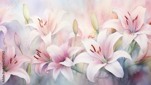  a painting of pink lilies with a blurry background. generative ai