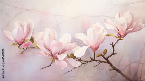  a painting of pink flowers on a branch with leaves on it. generative ai
