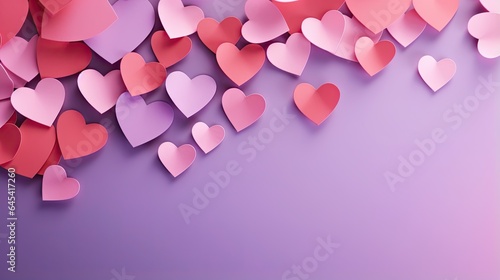  a bunch of pink hearts are flying in the air on a purple background.  generative ai