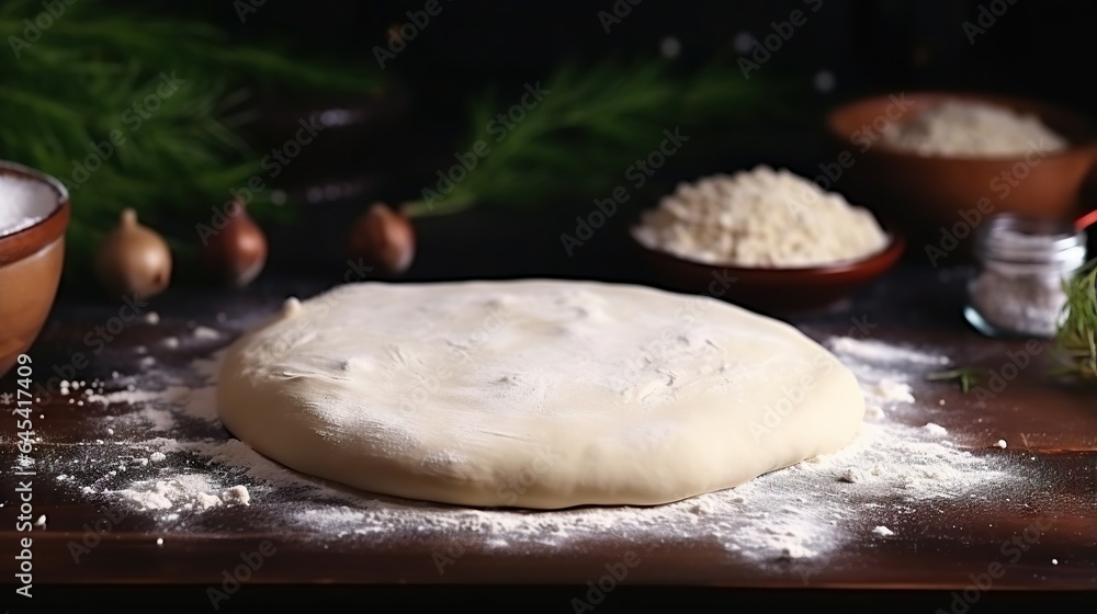 a doughnut sitting on top of a wooden table next to bowls of flour. generative ai a doughnut sitting on top of a wooden table next to bowls of flour. generative ai
