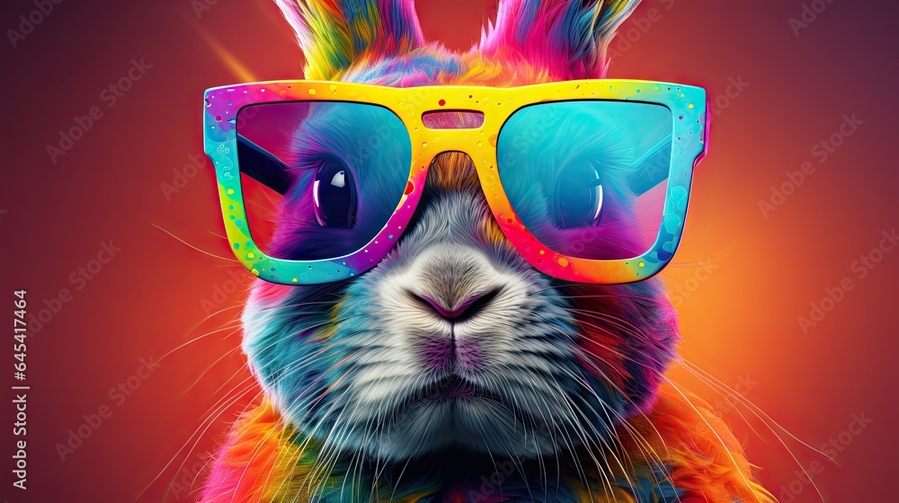  a rabbit wearing sunglasses and a colorful outfit on a red background.  generative ai
