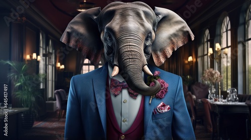  an elephant wearing a blue suit and bow tie with a pink flower in his lapel. generative ai