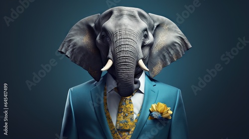  an elephant in a suit with a flower on his lapel.  generative ai © Shanti