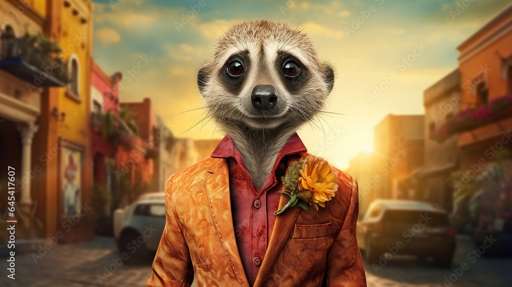  a meerkat dressed in an orange suit with a flower pinned to his lapel.  generative ai - obrazy, fototapety, plakaty 