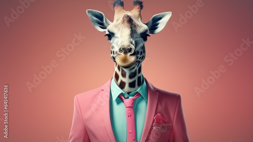  a giraffe wearing a pink suit and pink tie. generative ai