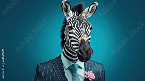  a zebra wearing a suit and tie with a flower in its mouth.  generative ai