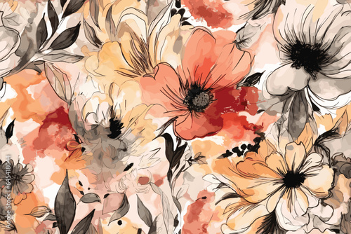 Vector art painting illustration flower pattern. textile, ornamental, ornate, hand-drawn, drapery, curl, watercolor, trendy, painting, repeat, fancy, elements, diverse, deco, stain