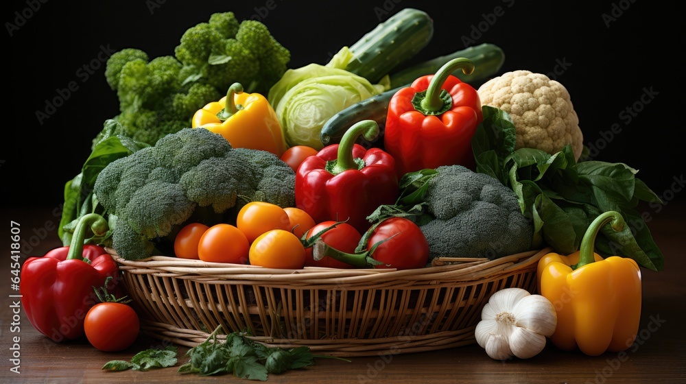 Assorted organic fruits and vegetables in basket isolated on tools background Assorted organic fruits and vegetables in basket isolated on tools background