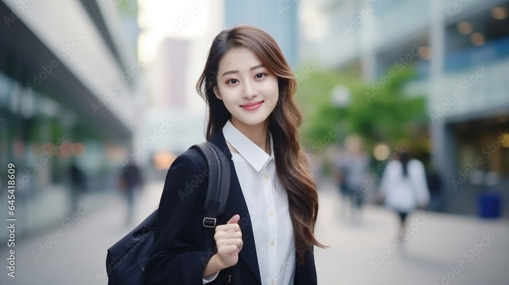 Asian businesswoman go to work at office stand and smiling wear backpack look at camera on street around building on a city, Business commuter concept. Asian businesswoman go to work at office stand and smiling wear backpack look at camera on street around building on a city, Business commuter concept.
