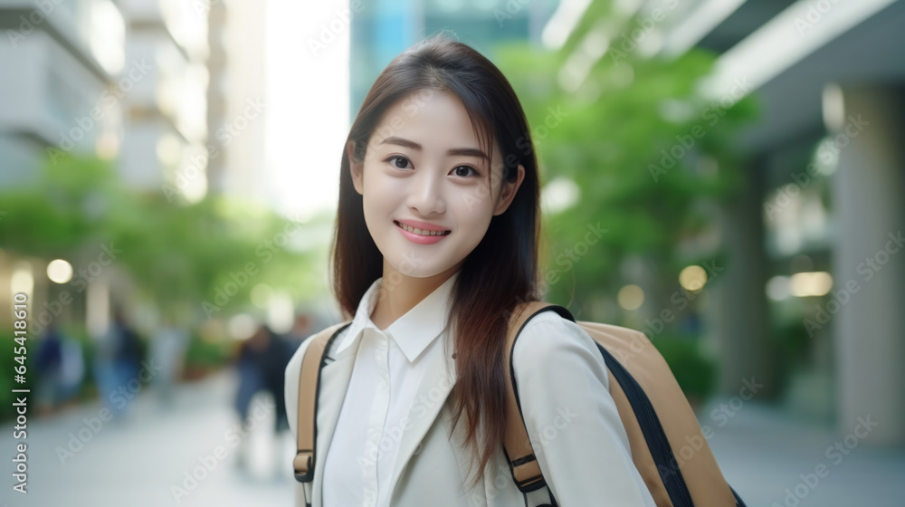 Asian businesswoman go to work at office stand and smiling wear backpack look at camera on street around building on a city, Business commuter concept. Asian businesswoman go to work at office stand and smiling wear backpack look at camera on street around building on a city, Business commuter concept.