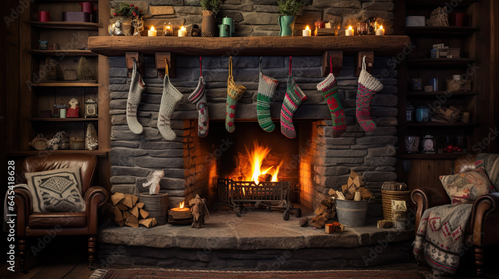 a cozy fireplace with a fire and christmas stockings hanging over it
