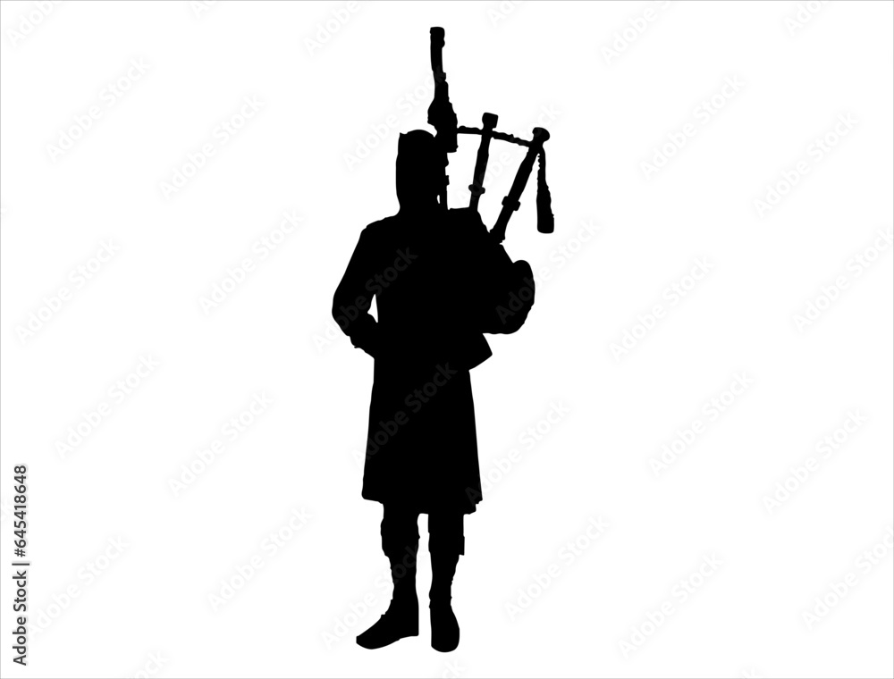 Bagpipe player silhouette vector art white background Stock Vector