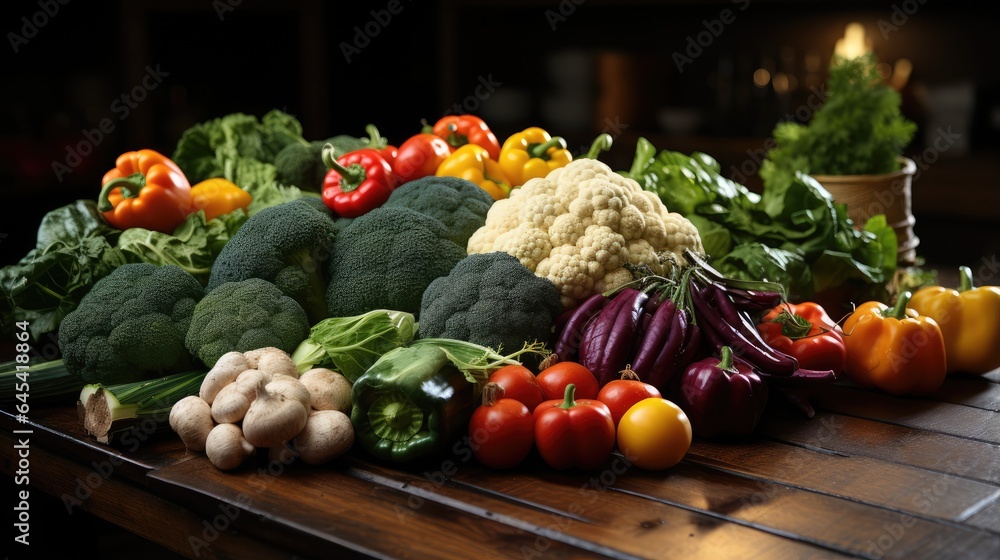 assorted raw organic vegetables background on wooden table
