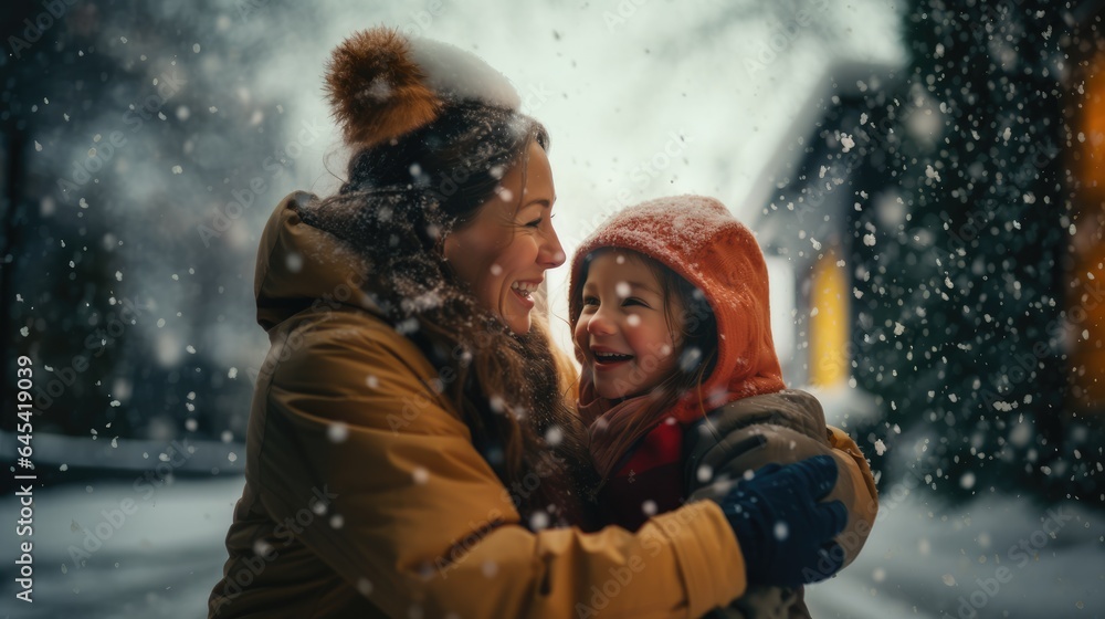 A young girl with mom watches in wonder at the first snowfall of the season, her face glowing with enchantment. Capturing natural beauty and childhood innocence in winter, Generative AI A young girl with mom watches in wonder at the first snowfall of the season, her face glowing with enchantment. Capturing natural beauty and childhood innocence in winter, Generative AI