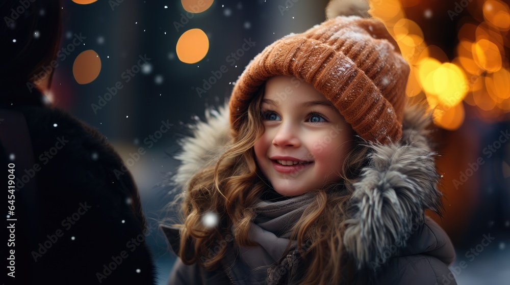 A young girl watches in wonder at the first snowfall of the season, her face glowing with enchantment. Capturing natural beauty and childhood innocence in winter, Generative AI A young girl watches in wonder at the first snowfall of the season, her face glowing with enchantment. Capturing natural beauty and childhood innocence in winter, Generative AI