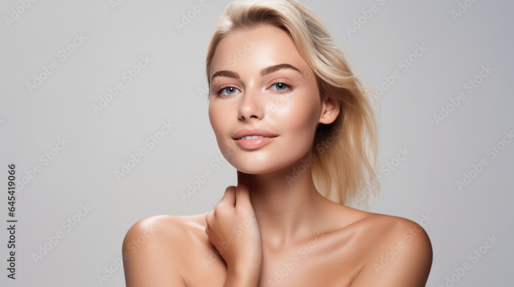 Beauty skin. Head and shoulders of blond woman model, touching glowing, hydrated facial skin, apply toner, skin cream or lotion for healthy look, after shower portrait, white background. Beauty skin. Head and shoulders of blond woman model, touching glowing, hydrated facial skin, apply toner, skin cream or lotion for healthy look, after shower portrait, white background.