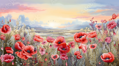 Poppy field embroidery. Cross stitch pattern. Cross stitching illustration of blooming poppy flowers field with colorful sky at down as template for cross stitching scheme