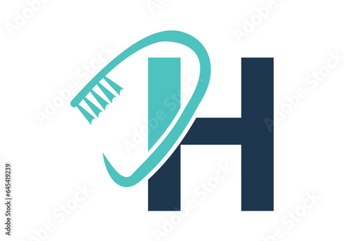 Initial Letter H Dental Logo Combine With Tooth Brush Symbol. Dental Care logo designs vector Template
