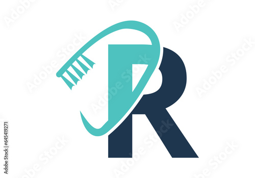 Initial Letter R Dental Logo Combine With Tooth Brush Symbol. Dental Care logo designs vector Template