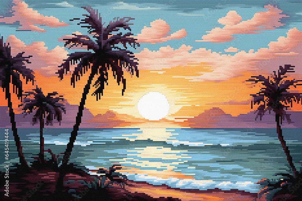 Tropical beach embroidery. Cross stitch pattern. Cross stitching illustration of a tranquil tropical beach with palm trees and ocean at the sunset as a template for cross stitching scheme